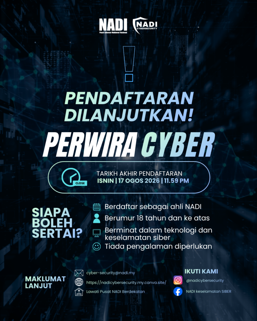 Objektif dan Peranan.Asas Keselamatan Siber: Mempelajari cara melindungi data peribadi dan mengamalkan cyber hygiene (kebersihan siber) yang betul.Rujukan Komuniti: Bertindak sebagai individu rujukan utama di setiap pusat NADI untuk membantu masyarakat setempat.Penyebaran Kesedaran: Menyampaikan maklumat dan membimbing komuniti mengenal pasti ancaman atau penipuan siber